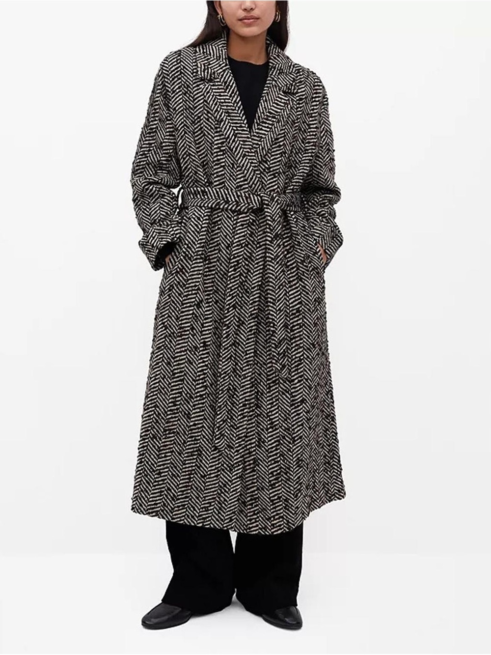 Mango | wool blended Black & Cream Herringbone Belted Long Coat